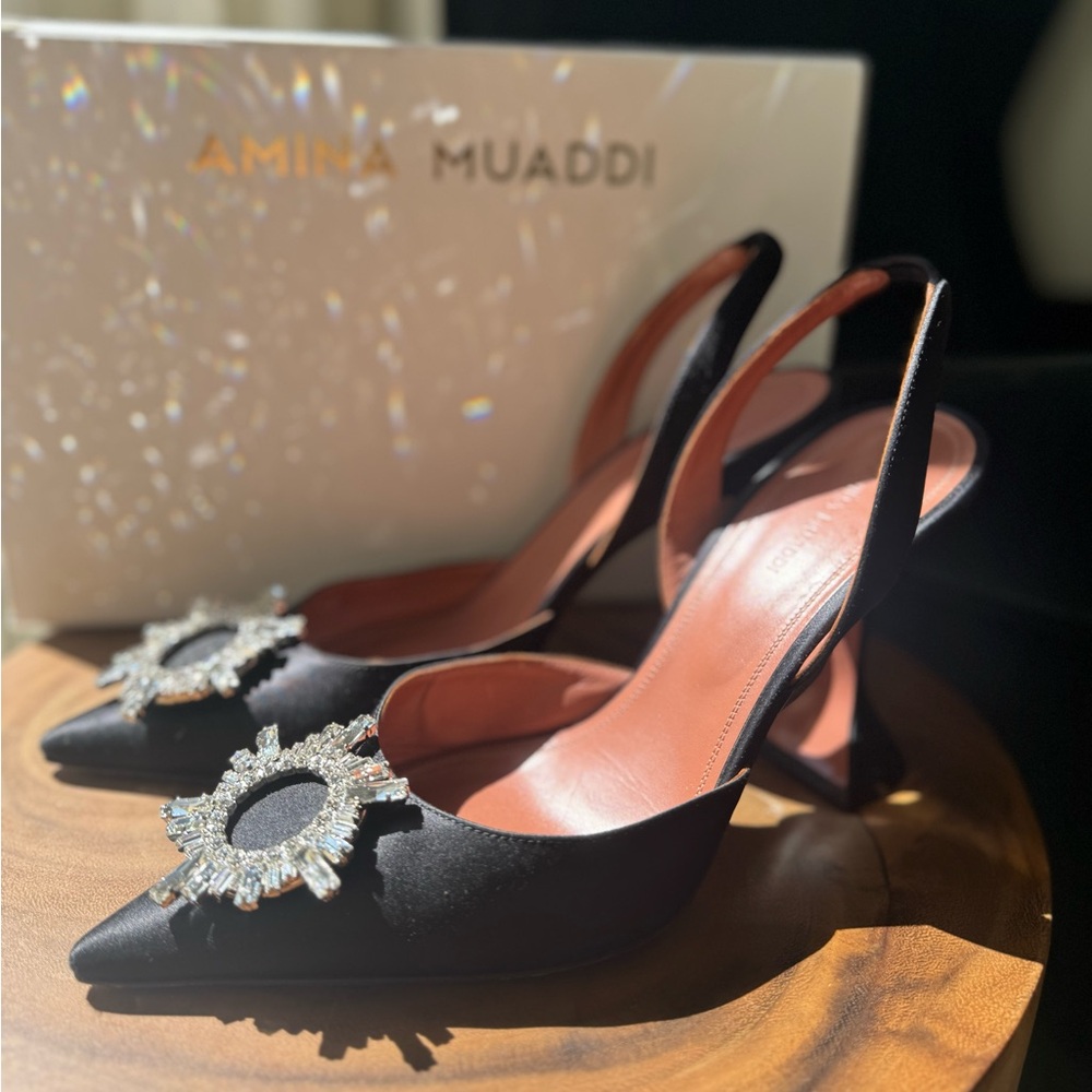 Amina Muaddi Black Satin Heels with Crystal Detail